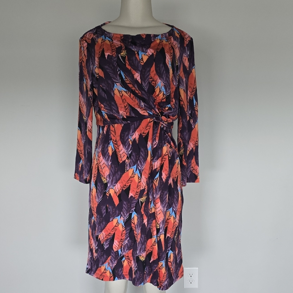 Tracy Negoshian purple/orange feather print twisted front dress-L